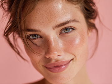 Close-up of a person with freckles on a pink background