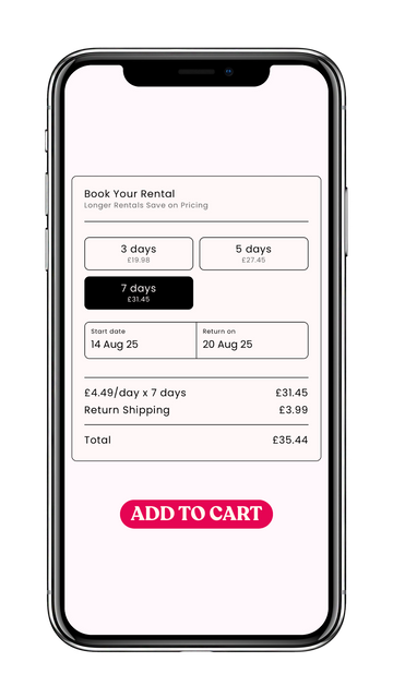 Phone screen displaying Rentoora's easy rental booking interface with date selection and pricing.