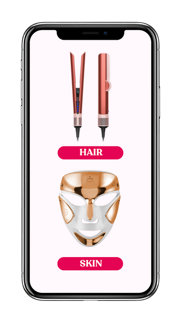 Phone screen displaying hair and skin care products with 'Hair' and 'Skin' labels.