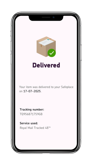 Phone screen displaying a delivery confirmation message with a tracking number.