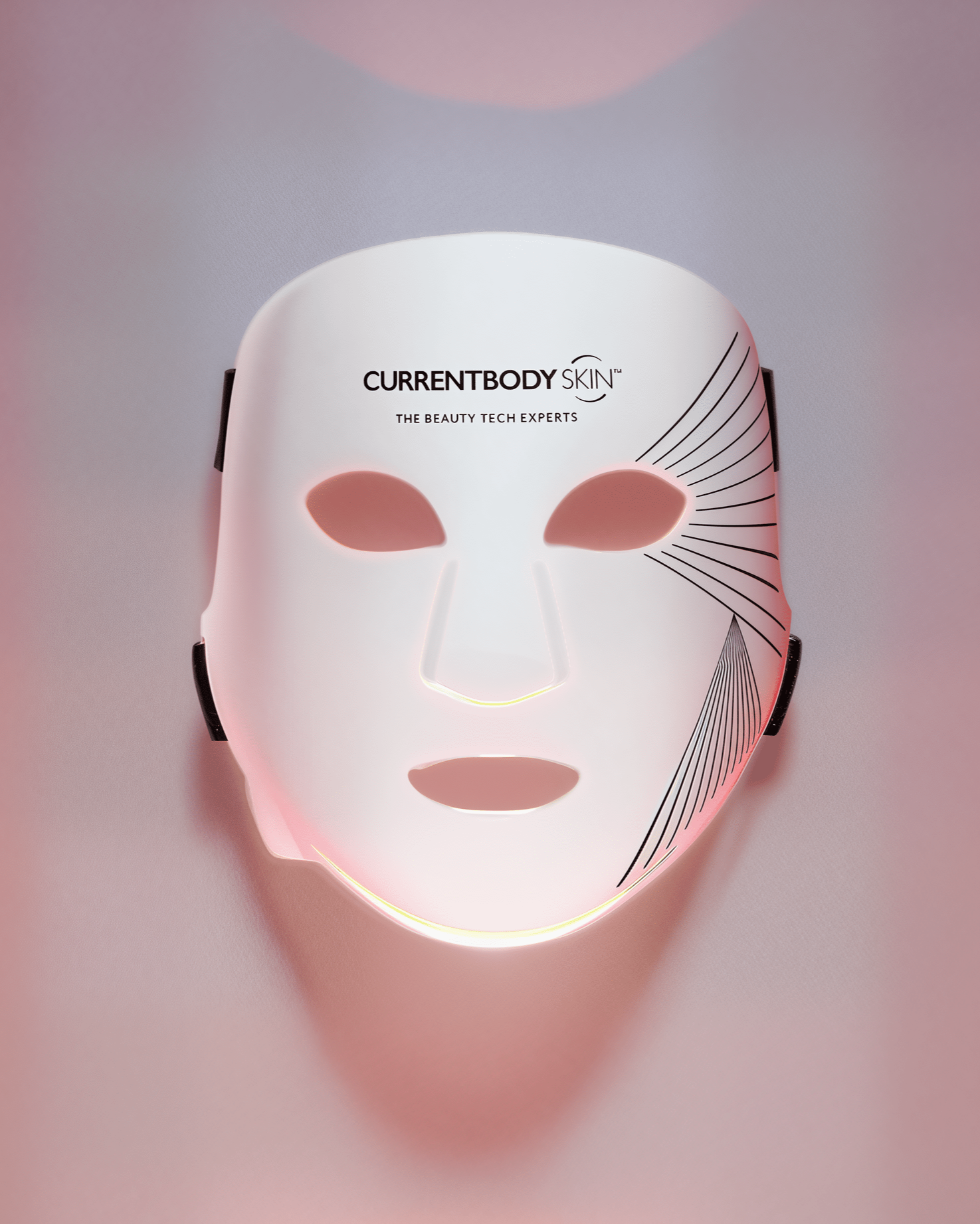 White face mask with 'CURRENTBODY' branding on a gradient pink and purple background